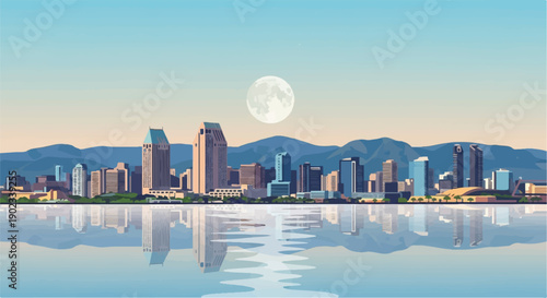 Pixel art cityscape with a full moon over mountains and reflection