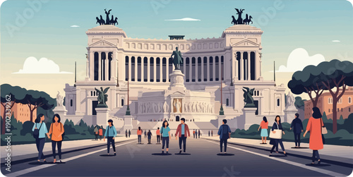 Pixel art cityscape with a grand monument and people walking on a sunny day