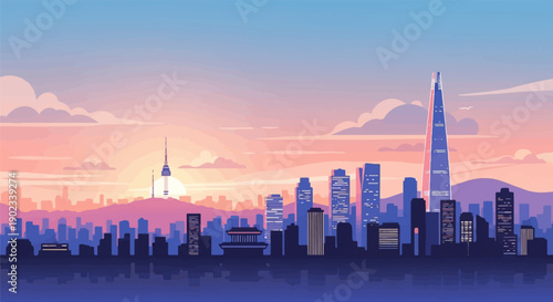 Pixel art cityscape with a tall tower and sunset glow