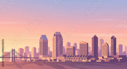 Pixel art cityscape with bridge and buildings at sunset with pastel sky