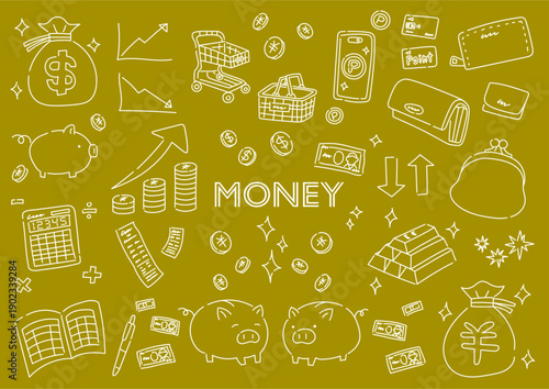 お金に関係するものの手描きイラストセット