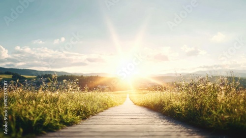 A stone path leading toward a radiant horizon across an empty plain, subtle golden light guiding the way, minimalist composition, calm yet powerful sense of intention and resolve