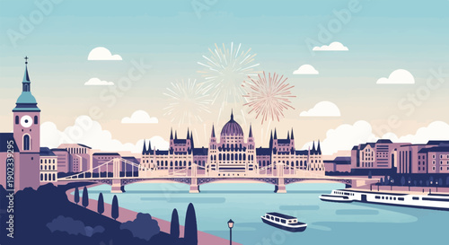 Pixel art cityscape with fireworks over a river and bridge