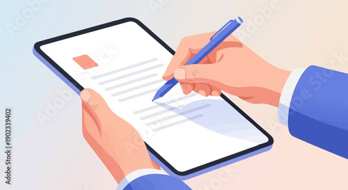 Person in suit writing on tablet with blue pen