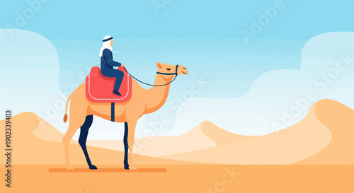 Person in traditional clothing rides a camel across vast desert dunes