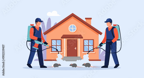 Pest control workers spray for rodents outside a house