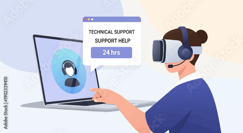 Person in VR headset interacts with laptop showing technical support