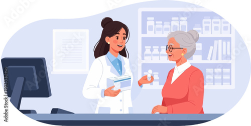 Pharmacist with elderly woman at counter with medicine and computer