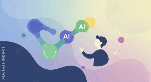 Person interacting with abstract AI molecular structure on soft gradient background