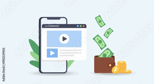 Phone screen displays "E-COMMERCE" with video, money streams into wallet