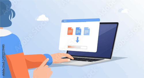 Person interacting with a laptop showing file transfer progress