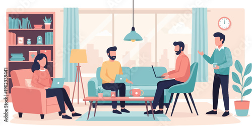 People working on laptops in a cozy room with a bookshelf and plants