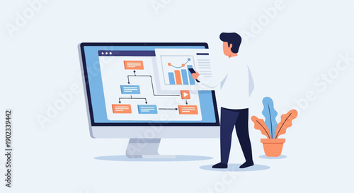 Person interacting with a digital flowchart and analytics on a desktop monitor