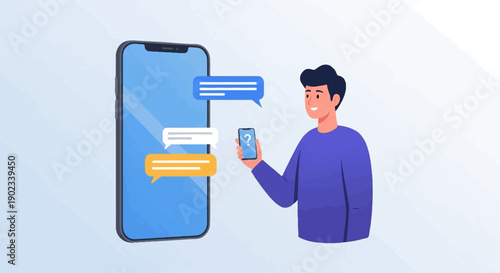 Person interacting with a large smartphone displaying chat bubbles