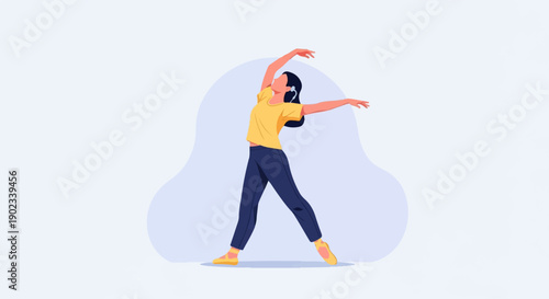 Person in yellow shirt and blue pants dancing with arms outstretched
