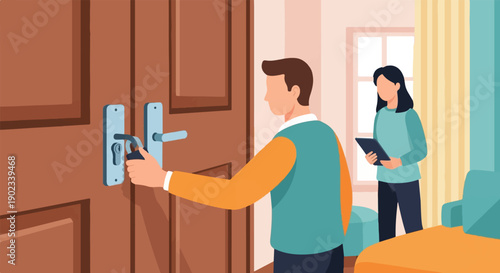 Person locking a door while another person holds a tablet