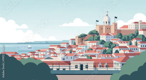 Picturesque coastal city with terracotta roofs and a distant castle