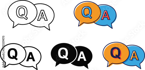 Question answer icon set speech bubbles with q and a letters outline and filled color variations