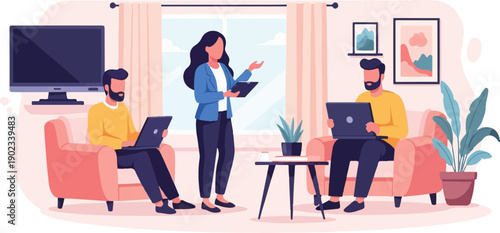 People working on laptops in a living room with a woman presenting