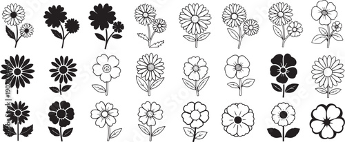 Collection of Diverse Flower Illustrations, a Set of Black and White Floral Icons for Decorative and Graphic Design Purposes