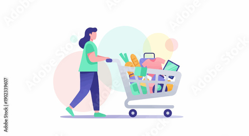 Person pushes a full shopping cart with groceries and items