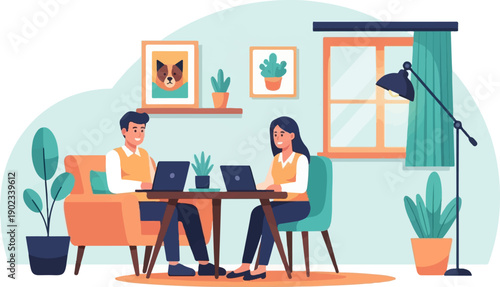 People working on laptops in a cozy home office with plants and art