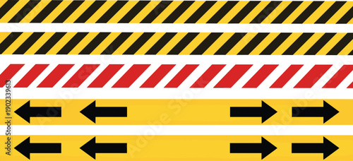 Caution tape collection with yellow and black hazard stripes red warning borders and directional arrow floor lines