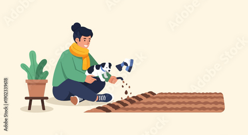 Person planting with a puppy, gardening glove, and potted plant