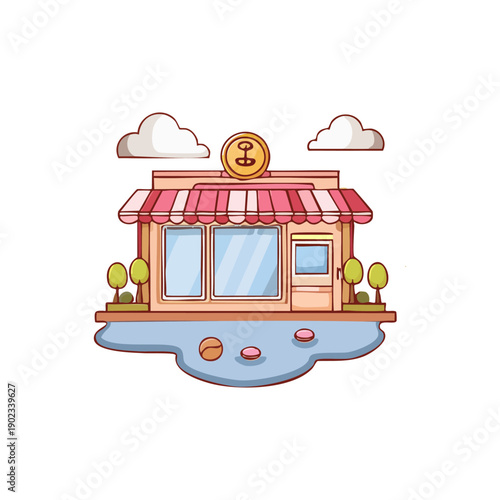 Charming cartoon storefront with awning and windows, surrounded by trees and clouds