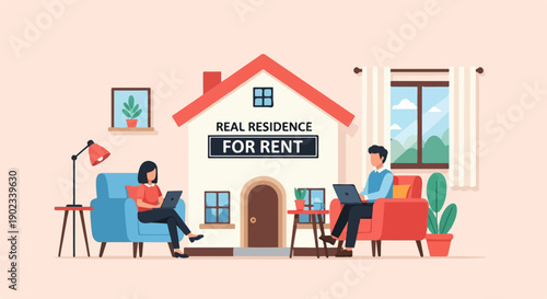 People working on laptops near a house advertised for rent