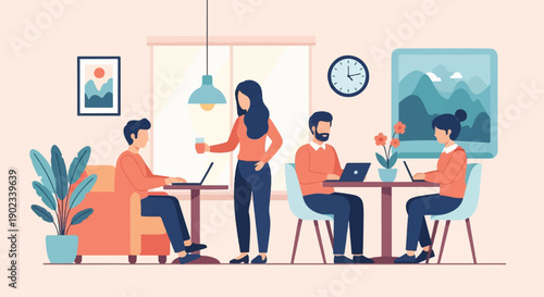 People working on laptops in a casual office space with decor