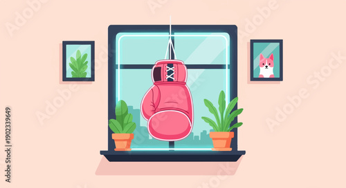 Pink boxing glove hanging by a window with potted plants and art