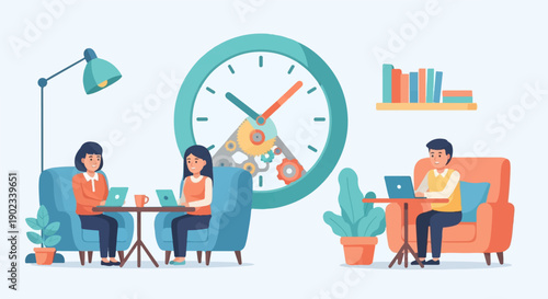 People working on laptops, indoors, with a clock and bookshelf