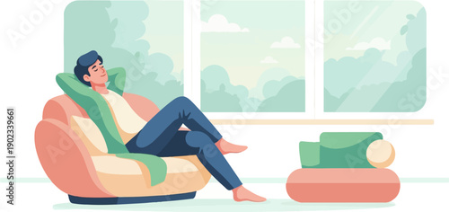 Person relaxing in a armchair by the window with a scenic view