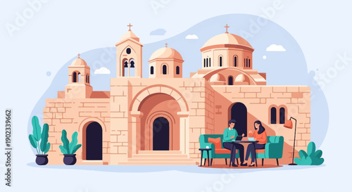 People working outside a historic building with domes and bell tower