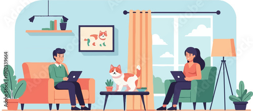 People working on laptops at home with a cat and plants