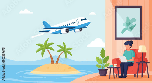 Person relaxes indoors, looking at laptop, as plane flies over tropical island
