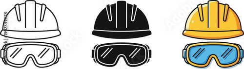 Safety equipment icon set featuring construction hard hat and protective goggles in outline solid and color styles