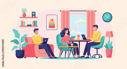 People working on laptops together indoors with plants and decor