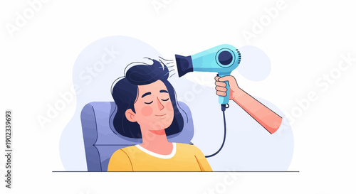 Person relaxing while getting hair blow-dried in a serene setting