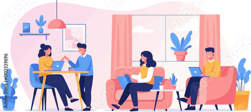 People working remotely in a comfortable, modern living space