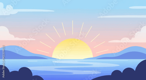 Peaceful sunrise over calm water with distant mountains and clouds