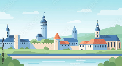 Peaceful riverside cityscape with historic buildings and rolling green hills