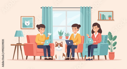 People working remotely with a pet dog in a cozy living room