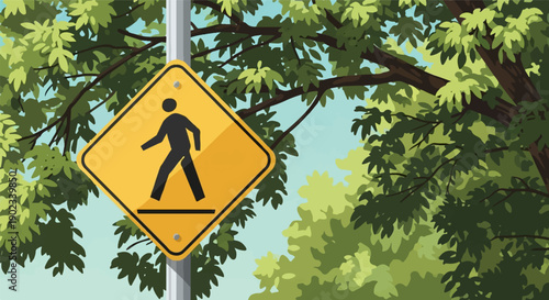 Pedestrian crossing sign against a backdrop of lush green foliage and sky