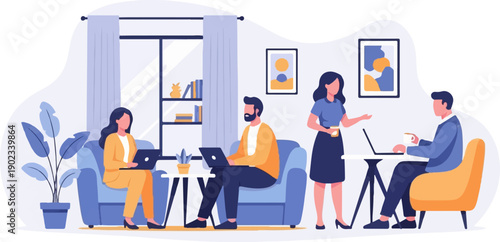 People working on laptops and collaborating in a modern office setting