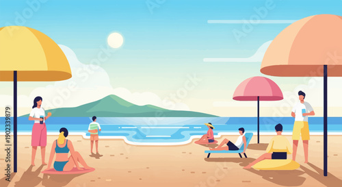 People relaxing under umbrellas on a sunny beach with ocean and mountains
