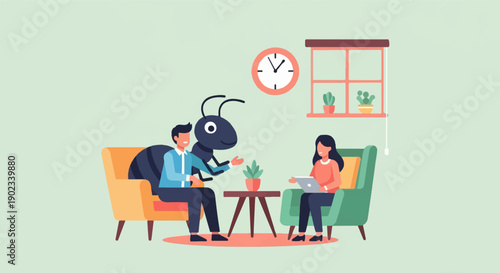 People and ant in a room with furniture and plants