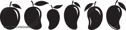 A clean black and white illustration depicting a line of stylized mango fruits with stems and leaves, showcasing their distinct shapes and forms