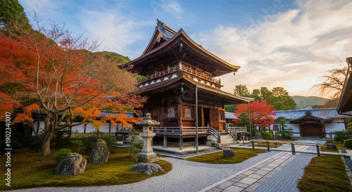 Ornate wooden temple complex with vibrant autumn foliage, stone lanterns, and serene garden